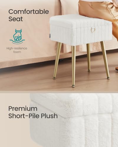 SONGMICS Vanity Stool Chair Faux Fur with Storage, Vanity Bench, Metal Legs, Adjustable Feet, for Living Room, Bedroom, Makeup Room, Cream White ULOM505WZ02