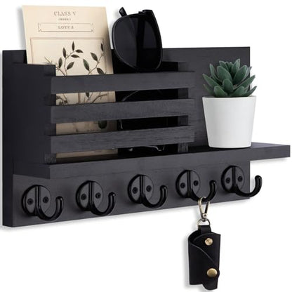 Lwenki Key Holder for Wall – Decorative Wooden Mail Holder and Key Shelf with Mounting Hardware, Installation Guide – Paulownia Wood with Metal Key Hooks (Black, Large - 11.8inch)