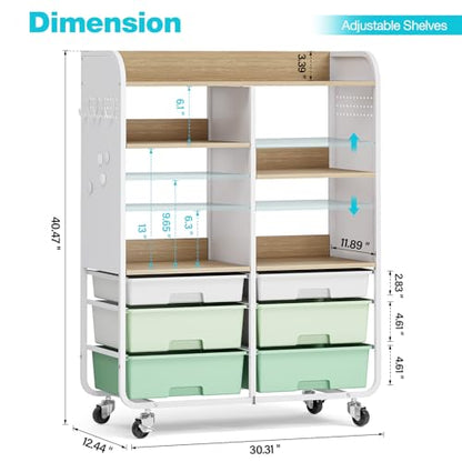 6 Drawers Rolling Storage Cabinet with Wood Top& Pegboards Green | Utility Craft Cart with Adjustable Shelves & Lockable Wheels for Classroom, Home Office & Art Studio, Household Organization