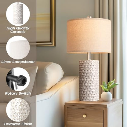 23" Modern Ceramic Table Lamp Set of 2, Table Lamps for Living Room, Rustic Farmhouse Bedside Lamps Nightstand lamp for Bedroom, White Desk Lamp for End Table Home Decor Beige