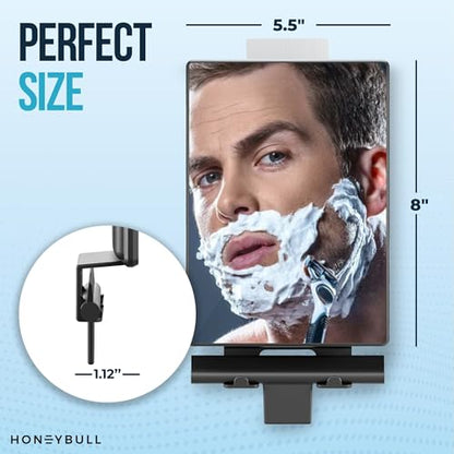 HONEYBULL Fogless Shower Mirror for Shaving with Water Tank, Adhesive Mount | Built in water reservoir for natural fog free effect, easy installation, bonus squeegee, razor holder, 5.5" x 8" mirror