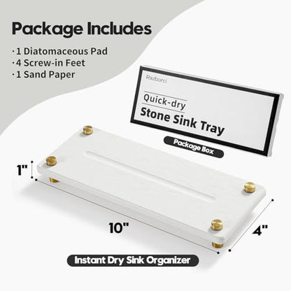 Water Absorbing Stone Sink Caddy Kitchen Sink Organizer Tray, Diatomite Bathroom Counter Tray, Gold Faucet Drying Mat Coaster Soap Dish Rack Riser Dispenser Sponge Holder, White 10" x 4"