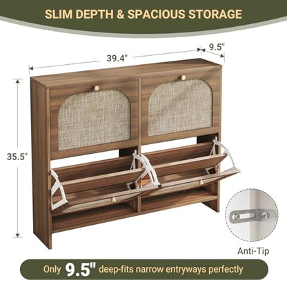 Freestanding Ultra Slim Arched Accent Entryway Shoe Storage - 4 Flip Drawers & 3-Tier Adjustable Shelves, Modern Slim Shoe Cabinet for Hallway, Foyer (flip Down Shoe Cabinet | Amber Oak)