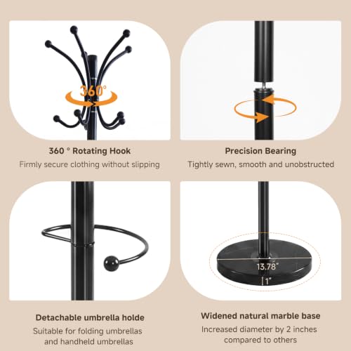 Marble Base Coat Rack Freestanding, 360° Rotary 16 Hooks Black | Heavy Duty Standing Coat Rack with Umbrella Holder, Larger 13.78" Base for Entryway Bedroom Office Living Room