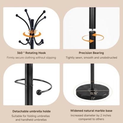 Marble Base Coat Rack Freestanding, 360° Rotary 16 Hooks Black | Heavy Duty Standing Coat Rack with Umbrella Holder, Larger 13.78" Base for Entryway Bedroom Office Living Room