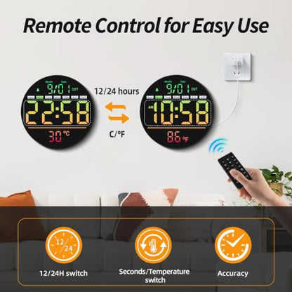 Maxstar Led Digital Wall Clock RGB, Battery Operated, Living Room Decor | 5-Level Brightness Digital Clock: Timer, Sec, Temp, Date, Auto DST, Nightlight, Alarm, Ideal for Class, Bed, Garage, Gym