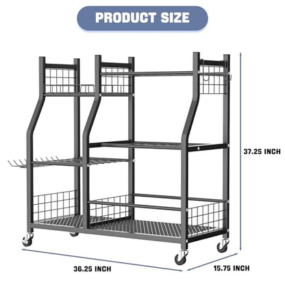 WALMANN Garden Tool Organizer with Wheels for Garage, Large Storage Capacity, Rakes/Shovels/Yard Tools Storage Stand for Shed, Garden, Indoor/Outdoor Long-Handled Tools Rolling Cart
