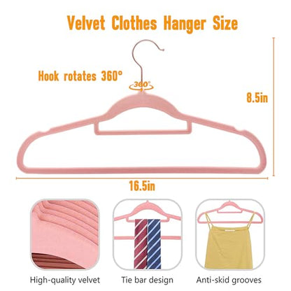 Pink Velvet Hangers 50 Pack - Adult Hangers Rose Gold Hook, Space Saving Non-Slip Clothes Hangers, 16.5 Inch with Tie Bar for Coats,Sweater,Jackets,Dresses, Shirts, Suits & T-Shirts