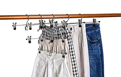 Amber Home 12 Pack Heavy Duty Add on Metal Pants Skirt Hangers with Clips | Stackable Add-on Metal Clothes Hangers with 2-Adjustable Clips, Cascading Clip Hangers Space Saving for Jeans, Slacks