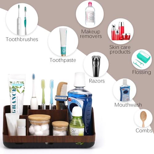 GFWARE Wood Toothbrush Holders for Bathroom Organizer with Drain Holes | Detachable 7 Slots Kid Electric Toothbrush and Toothpaste Holder, Bathroom Sink, Caddy, Tray, Vanity Storage Wood-Look, Brown