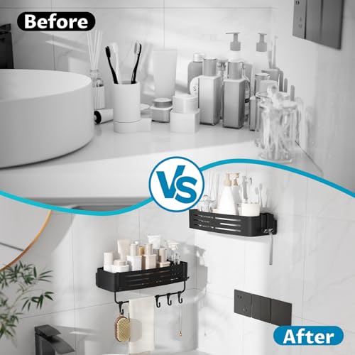 Onemake Suction Cup Shower Caddy, Shower Shelf, Bathroom Organizer, Black | No-drill Rustproof Aluminum Removable Caddy with Hooks, Wall Mounted Shower Organizer, Corner Shampoo Holder for Bathroom