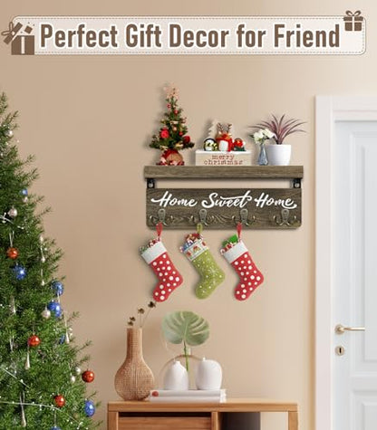 buways Key Holder Wall Mount with 8 Hooks and Cozy Home Sign (Brown) | Solid Wood, Floating Shelf for Keys, Mail, and Daily Essentials in Entryways, Hallways or Home Decor