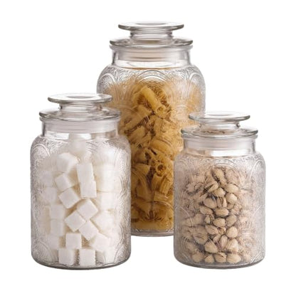 Style Setter Canister Set 3-Piece Glass Jars in 34oz, 44oz & 54oz Retro Design Lids for Cookies, Candy, Coffee, Flour, Sugar, Rice, Pasta, Cereal & More