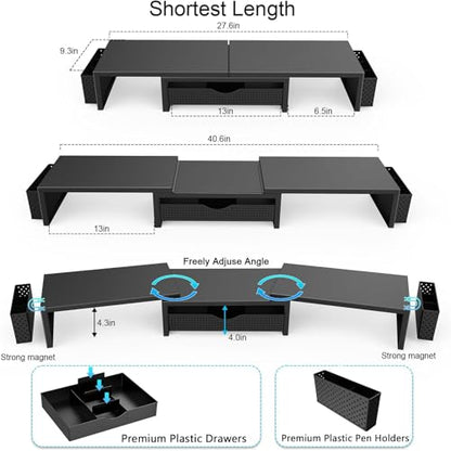 gianotter Dual Monitor Stand Riser With Drawer and 2 Pen Holders | Desk Organizer and Accessories Computer Monitor Stand, Desk Shelf for Top of Desk (Black)