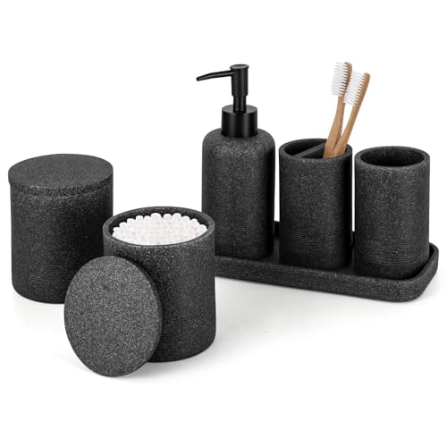 Black Stone Bathroom Accessories Set 6 Pieces - Toothbrush Holder, Lotion Dispenser, Qtip Container, Vanity Tray, Tumbler - Countertop Organizer for Bathrooms - Elegant and Functional Décor Set