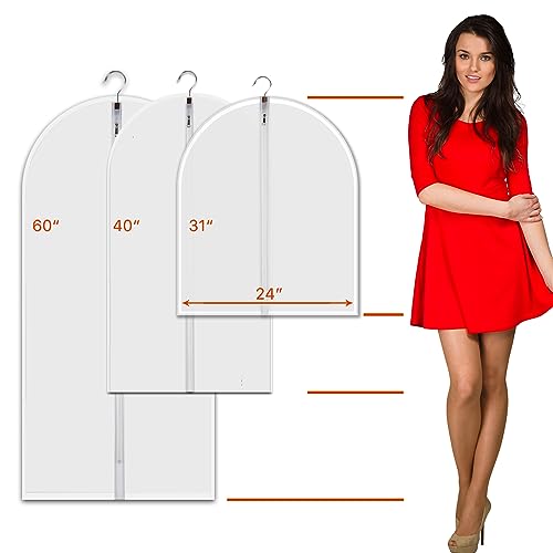 Hanging Garment Bags 12 Piece Set - 60 Inch Translucent Dust Proof Clothes Bag White Breathable Full Zipper Dust Cover for Suit Dance Costumes Gown Dress.
