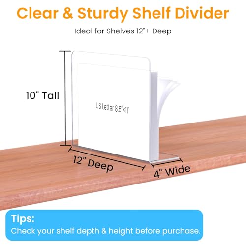 Shelf Dividers for Closet Organization: 8 Pack 10" x 12" Clear Acrylic Divider Organizer for Shelves - Free-Standing to Keep Clothes, Towels & Purses Upright - Fits Any Shelf Thickness