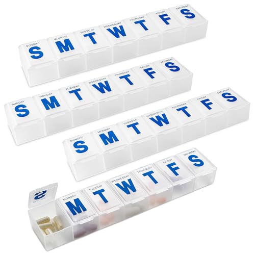 Weekly Pill Organizer - 7-Day Pill Planner Extra Large Pill Planner and Daily Pill Organizer and Medicine Reminder, Monday to Sunday Compartments - BPA Free - Travel Pill Box Case (Pack of 4)