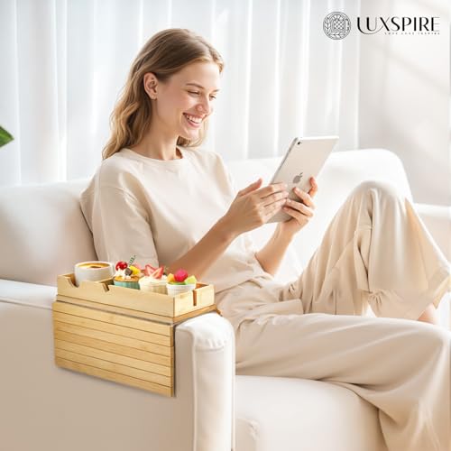 Luxspire Couch Armrest Table, 2-in-1 Magnetic, Detachable, Burlywood | Sofa Arm Tray with Cup Holder and Phone Holder, Foldable Bamboo Couch Cup Holder for Remote Controls, Phones, Snacks, Cups