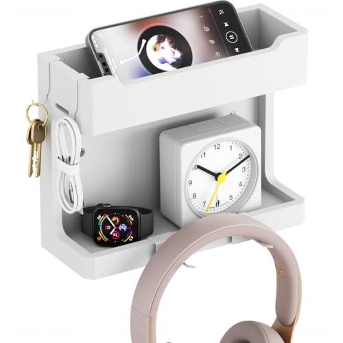 NiHome Bedside Wall Shelf Organizer, Wood 2-Tier Floating Nightstand, White | Dual Mount Adhesive Or Screw, 4 DIY Hooks, Cell Phone Glasses Holder, College Dorm Room Essentials