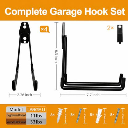Garage Hooks, 4 Pack 7.7inch Large Square Wall Hooks for Hanging Heavy Duty Ladders, Bikes, Tools Ideal for Garage, Garden, Basement Utility Room Storage (Black)