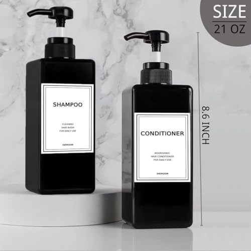 Modern Shampoo and Conditioner Dispenser (21 oz, Pack of 3) Refillable Pump Bottle Set Empty Shower Plastic Bottles with Pump for Bathroom Body Wash Soap and Shower (Black)