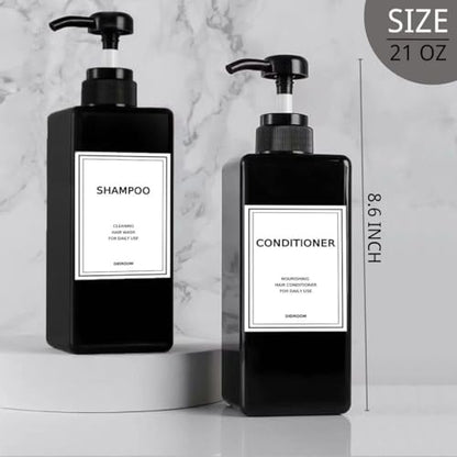 Modern Shampoo and Conditioner Dispenser (21 oz, Pack of 3) Refillable Pump Bottle Set Empty Shower Plastic Bottles with Pump for Bathroom Body Wash Soap and Shower (Black)