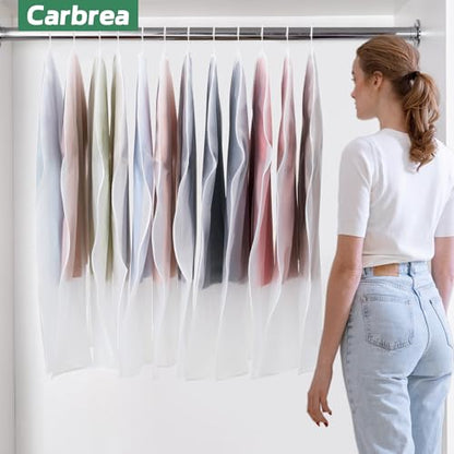 Carbrea 12 Pack Translucent Garment Bags for Hanging Clohes - 24" x 42" | Thick PEVA Materials, Smooth Zipper, with Zipper Protection, Breathable, Washable, Reusable, for Closet Storage, Travel Use
