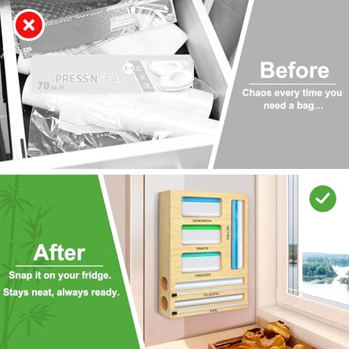Magnetic Food Bag Storage Organizer for Drawer or Refrigerator | Ziplock Bag Organizer, Compatible with Gallon,Quart, Sandwich, Snack & Variety Size Bags, Bamboo, 12.7"W x 16.6"H x 4"D