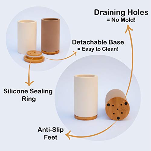 Bamboo Toothbrush Holder Diatomite Tooth Brush Organizer - Storage Stand for Small Bathroom & Counter - Removable Base & Drain Holes, Water-Absorbent & Quick-Drying (Black)