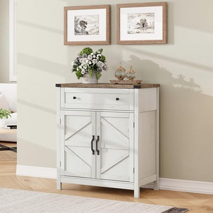 ChooChoo 30" W Coffee Bar Cabinet, Kitchen Storage Cabinet with Drawer | Small Buffet Cabinet, Farmhouse Sideboard Buffet, Adjustable Shelf, Rustic White