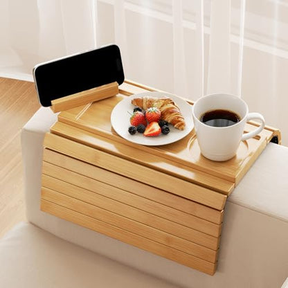 Yofidra Couch Armrest Table, Bamboo Sofa Arm Tray with 360° Rotating Phone Stand, 3 in 1 Foldable Couch Cup Holder with Non-Slip Pad, Sofa Organizer for Drink Remote Phone Snacks, Yellow