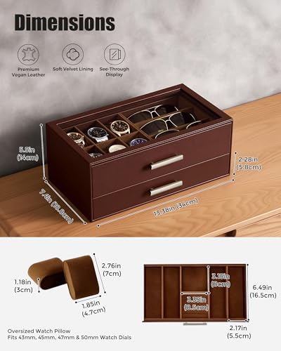 ProCase Watch Case, Mens Jewelry Box for 6 Watch & 5 Sunglasses -Brown | Pull-Out Drawer 2-Tier Leather Watch Organizer with Glass Display Top, fit Watches Size Up to 50 mm, Gift for Men & Women