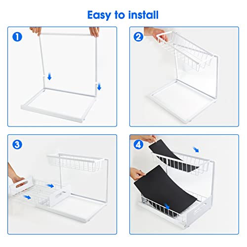 Under Sink Organizer, 2 Tier Pull-Out Cabinet Storage Shelf, Rust-Resistant Metal Organizer for Kitchen Bathroom Laundry Room, No Tools Installation, 1 Pack White