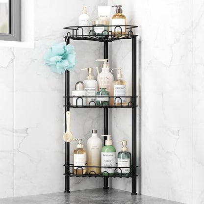Standing Shower Caddy Corner - 3‑Tier Stainless Steel Shower Organizer Shelf with 12 Hooks and Adhesive Pads, Rustproof Corner Shelves Stand Rack for Bathroom Shower Room, Black