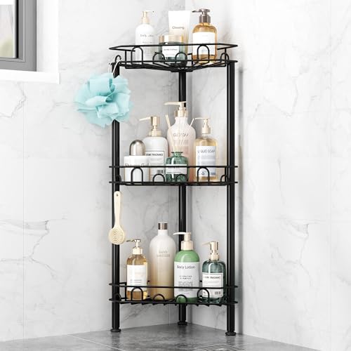 SWTYMIKI Standing Shower Caddy Corner - 3‑Tier Stainless Steel Shower Organizer Shelf with 12 Hooks and Adhesive Pads, Rustproof Corner Shelves Stand Rack for Bathroom Shower Room, Black