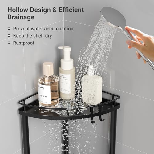 Corner Shower Caddy Standing, 3 Tier Metal Shower Organizer, Black | Stainless Steel Shower Shelves with Soap Holder, Adjustable Feet & 2 Hooks for Storing Bath Essentials in Bathroom corner