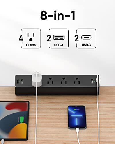Desk Clamp Power Strip, 4 AC Outlets 4 USB Ports, Fit 1.7in Tabletop Edge | PD 20W Flat Plug Charging Station, 6FT Extension Cord for Dorm, Office, Gaming Room