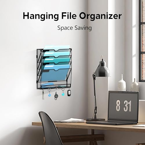 5-Tier Wall File Organizer and Mail Organizer with 5 Hooks, Black | Label slots, curved openings, 5 key hooks, and a bottom tray support organized mail, file, and everyday item storage.