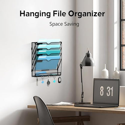 5-Tier Wall File Organizer and Mail Organizer with 5 Hooks, Black | Label slots, curved openings, 5 key hooks, and a bottom tray support organized mail, file, and everyday item storage.