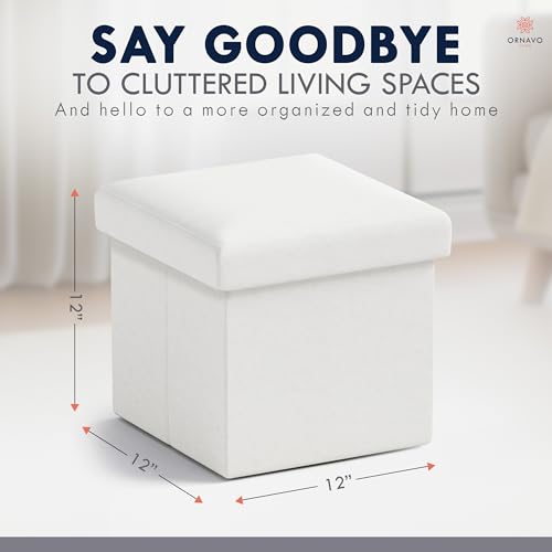 Ornavo Home Small Square Storage Ottoman, Foldable Linen, 12x12x12, White | Collapsible Cube Design; Foot Rest Stool Seat; Ideal for Living Room, Bedroom, Home Office or Dorm