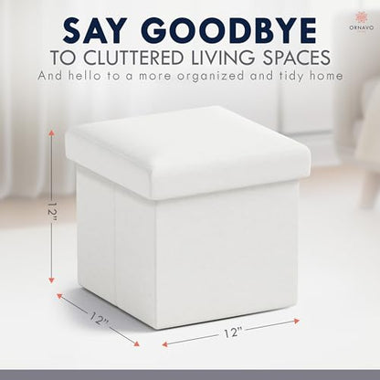 Ornavo Home Small Square Storage Ottoman, Foldable Linen, 12x12x12, White | Collapsible Cube Design; Foot Rest Stool Seat; Ideal for Living Room, Bedroom, Home Office or Dorm