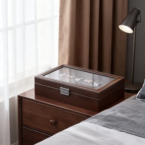 ProCase Men's Jewelry Box, 5-Slot Watch Display Case Jewellry Storage Organizer for Sunglasses Rings Accessories with Hidden Compartment, Watch Holder with Glass Lid, Fathers Day Gift -Espresso