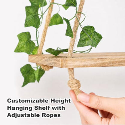 RICHER HOUSE Hanging Floating Shelves No Drill, Macrame Plant Wall Shelf | 2 Set Boho Trinket Shelf with Artificial Ivy and LED Lights, Wall Art Aesthetic Decor, for Bedroom, Dorm, Two-Way Install