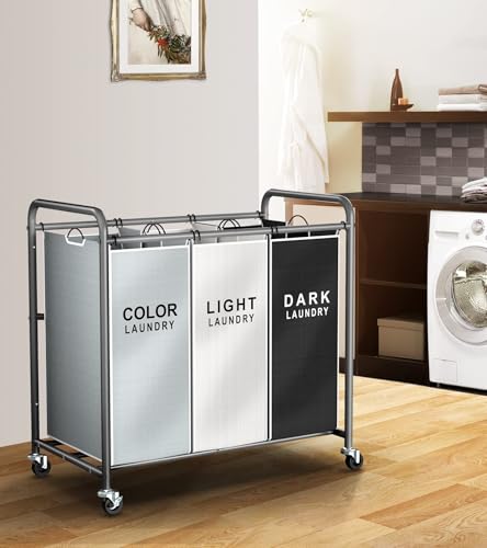 Laundry Sorter Hamper 3 Section, Divided Laundry Basket Organizer with Heavy Duty Lockable Wheels and Removable Bags, Rolling Clothes Hamper for Apartment, Dorm & Family (135L Multicolor)