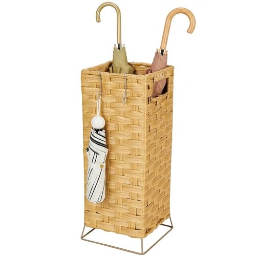 Umbrella Holder for Entryway - Handwoven Rattan Umbrella Stand Indoor with Water Reservoir Base, Durable Metal Hooks & Drip Tray, Stylish Umbrella Basket and Umbrella Storage Bucket