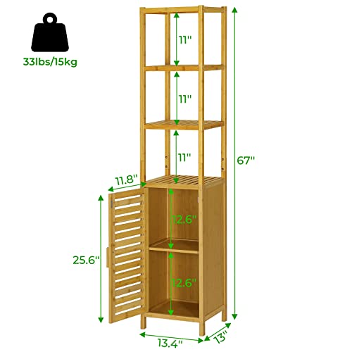 Storage Tall Slim Cabinet with Shutter Door and 3 Tier Shelves, Freestanding Linen Tower Cabinet for Living Room, Kitchen, Bathroom Organizer, Natural Bamboo