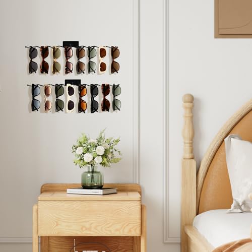 Sunglasses Organizer, 2 Pack 17 Inch Wall Mounted Sunglass Holder | Wall Glasses Holder Stand Multiple Eyeglasses Display Rack Storage for Entryway, Living Room, Bedroom, Dresser, Metal, Black