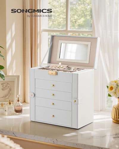 SONGMICS Jewelry Box Organizer, 5-Layer with 4 Drawers, Cream White | Jewelry Storage Case with Lock and Mirror, Large Storage Capacity, for Necklaces, Watches, Gift for Loved Ones UJBC153WD01S