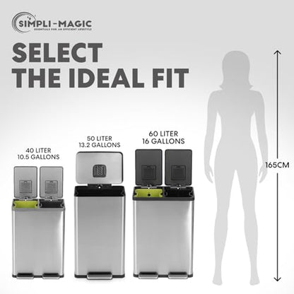 SIMPLI-MAGIC 50 Liter / 13.2 Gallon Soft-Close, Smudge Resistant Trash Can with Foot Pedal and Built in Filter- Stainless Steel, Sleek Finish